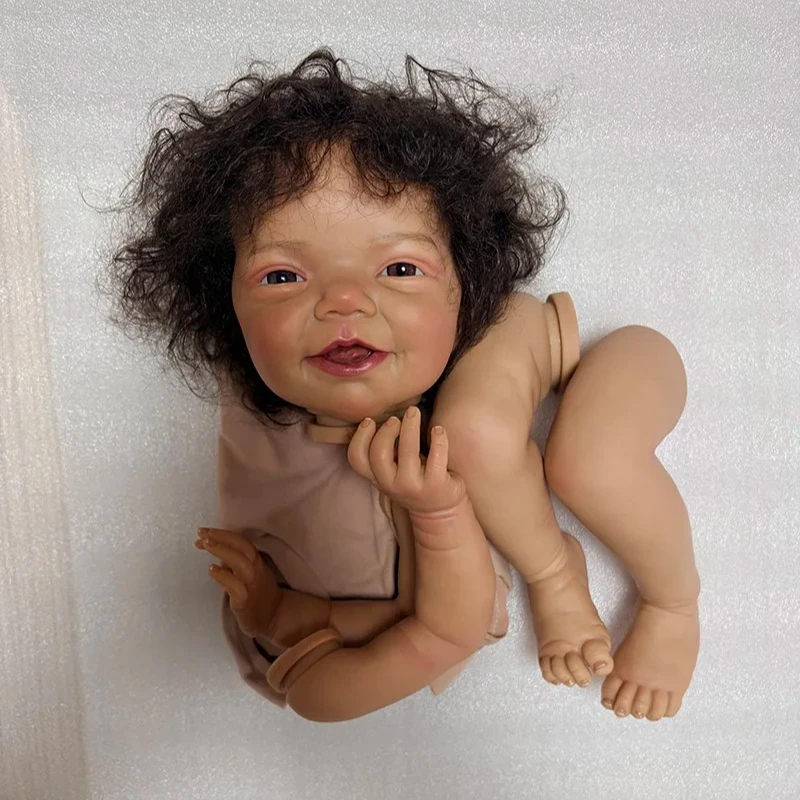 NPK 18'' Dark Skin Hand Rooted Black Curly Hair Reborn Charlie Doll Kit with Cloth Body and Eye Realistic Baby Parts