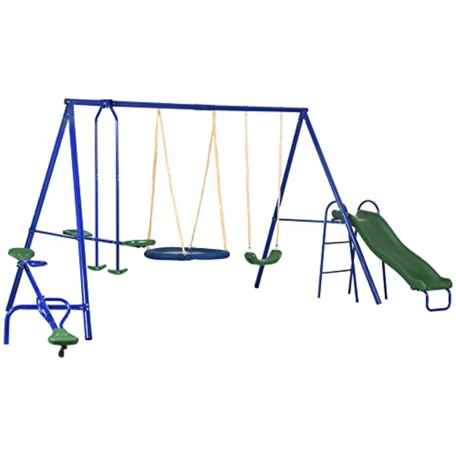

5 in 1 Heavy-Duty A-Frame Swing Set for Backyard Outdoor Playset with 29.5 Saucer Swing Slide Seesaw Glider Swing Seat Blue
