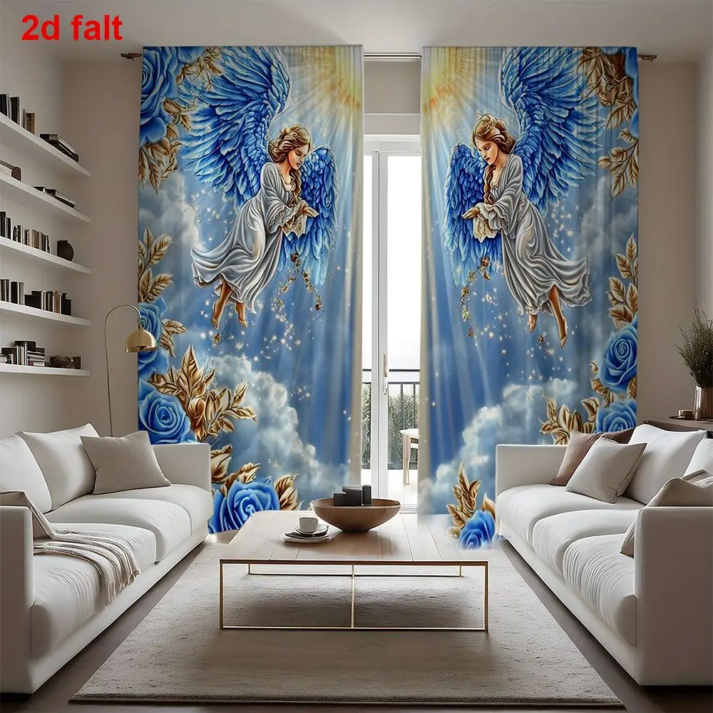 Elegant Angel Wings Curtain Blue Floral Dreamy Window Drapes for Living Room Home Decor