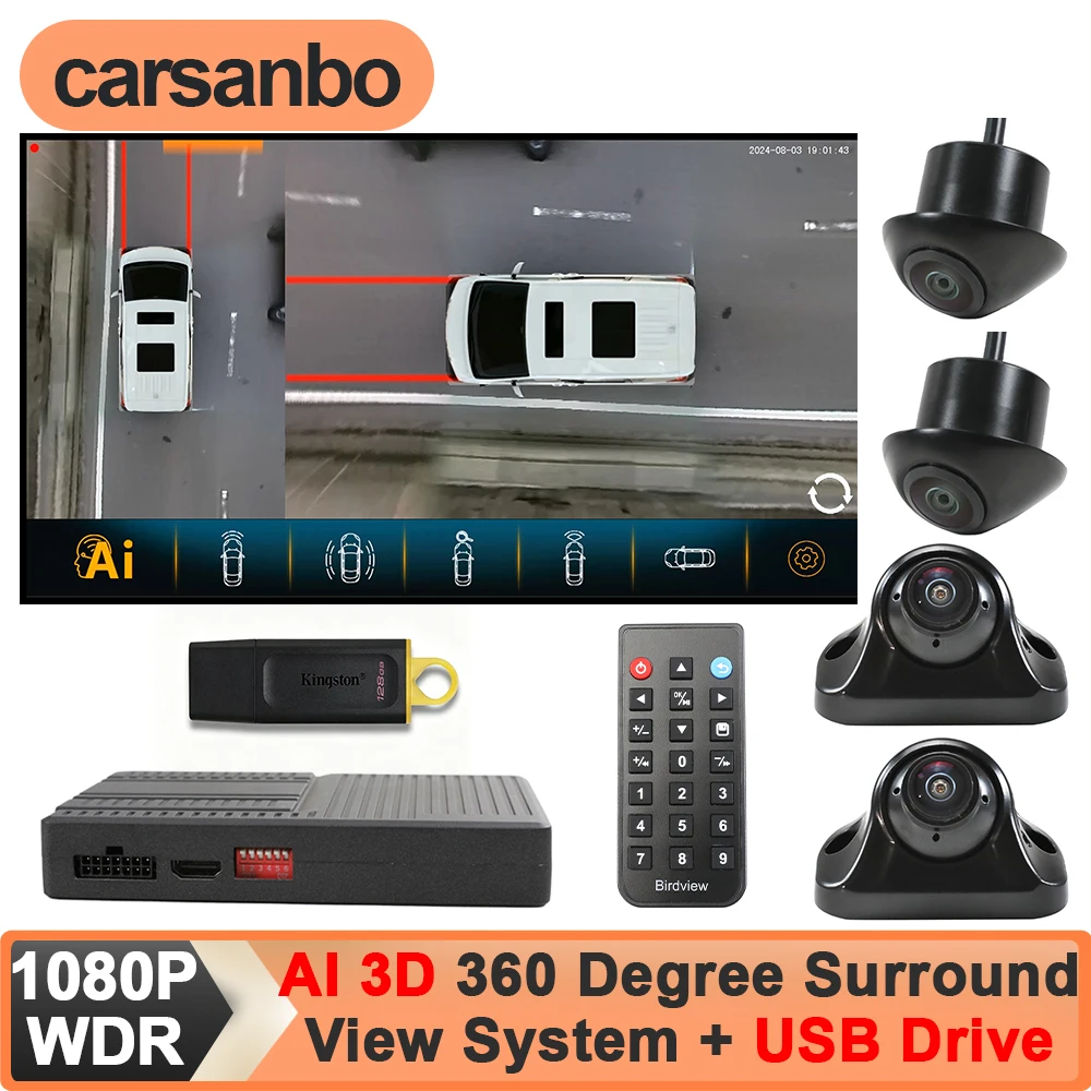 Carsanbo HD AI 360 Degree Car Camera System 1080P WDR 3D AHD Surround View 4CH Right+Left+Front+Rear View Cameras with USB Drive