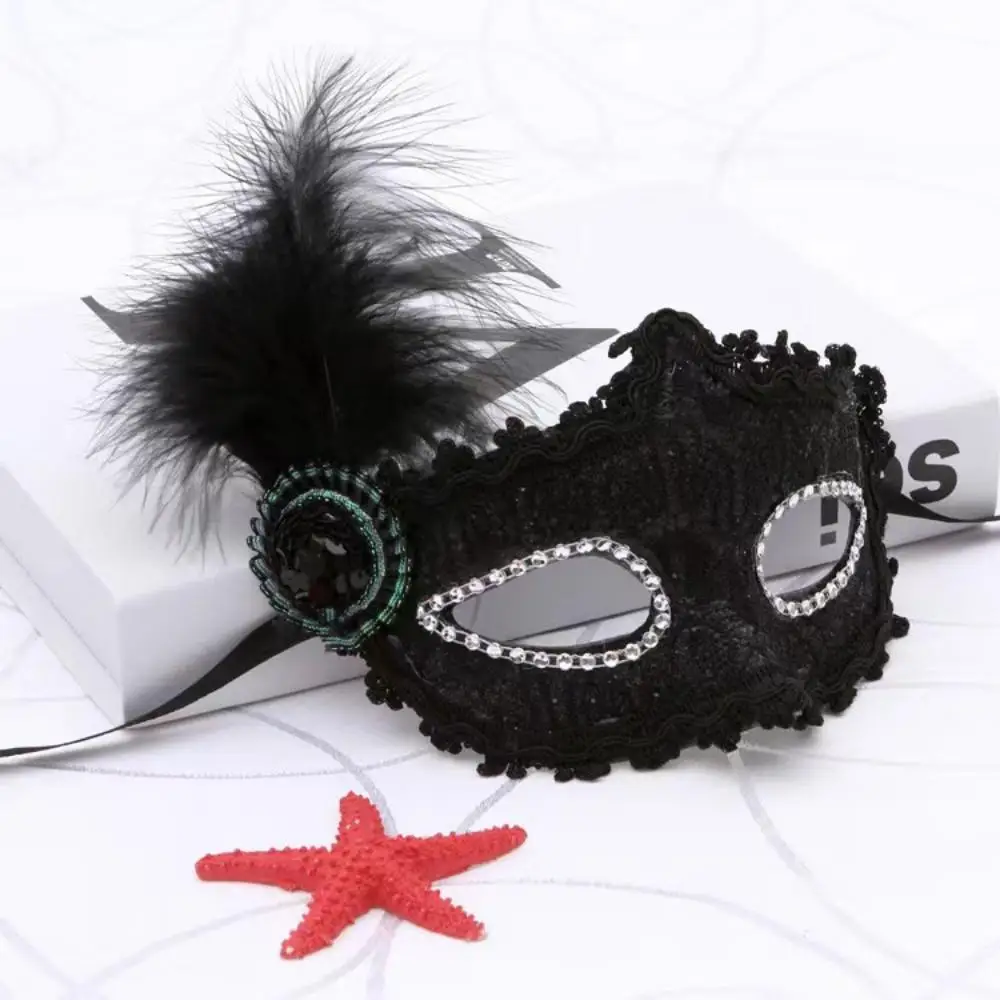 Black Lace Feather Masquerade Mask with Rhinestone Trim Venetian Style Half Face Mask Carnival Halloween Party Evening Costume