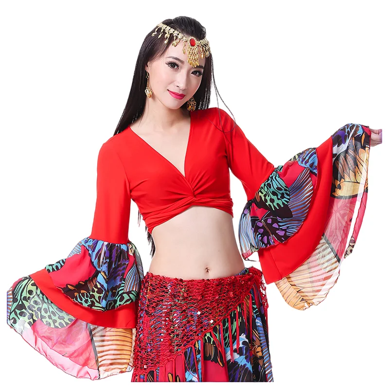 

Gypsy Swing Skirt Chiffon Big Circle Belly Dance Costume Outfit Print Choli Top Wrap Blouse Horn Sleeve Dancer Performance Show