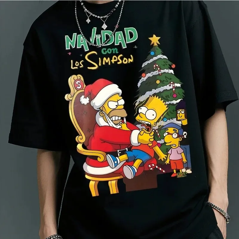 Simpson Collaboration Christmas Tree Graphic T-shirt Oversized Y2k Men Women Homer and Bart Print Casual Short-sleeved T-shirt