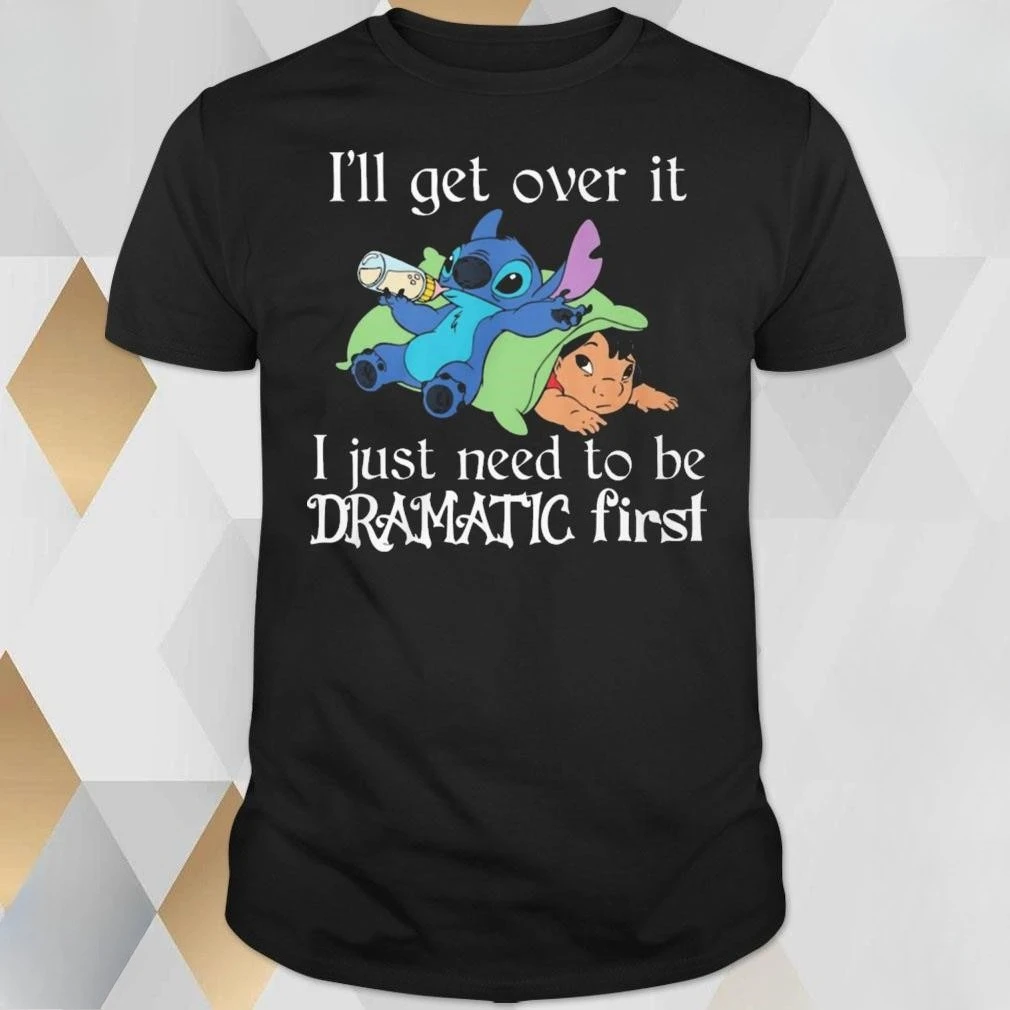 Kaos Sarkastik - Stitch Funny Just Need To Be Dramatic First Quote Kaos Lengan Pendek Putih dengan Desain Jahitan Biru untuk Ibu dan Anak