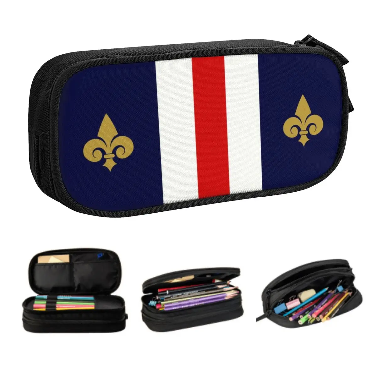 Estuches de lápices Kawaii personalizados con bandera de Francia para niños, flor de lirio, bolsa de almacenamiento grande, caja de bolígrafos, accesorios escolares