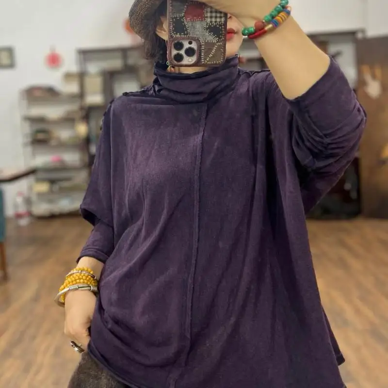 

Autumn Winter Arts Style Women Long Sleeve Loose Turtleneck Tops Tees Female Casual Patchwork Design T-shirt High Quality F129
