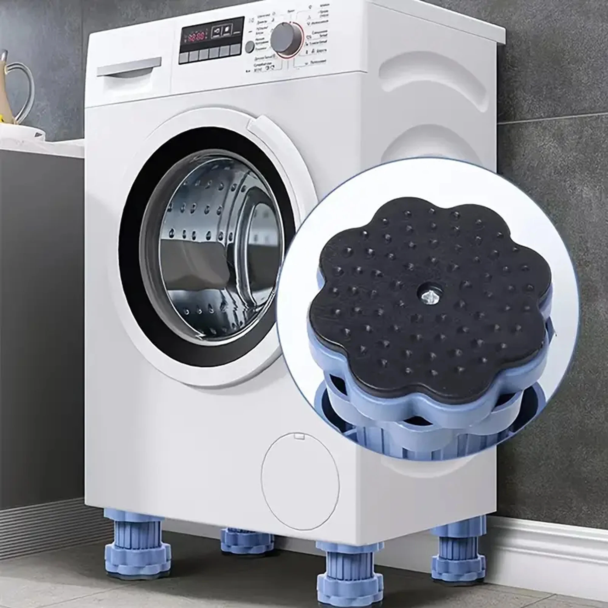 4-piece set of adjustable washing machine foot pads, universal shock-absorbing, anti-slip, anti-vibration pads, height-increasing, moisture-proof, suitable for refrigerators, pulsators, and drum washers, silent and stable