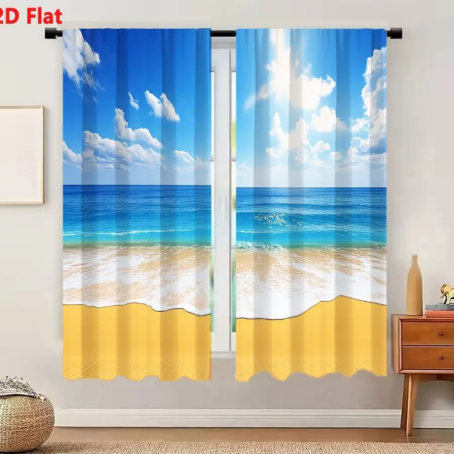 2Pcs Curtains 2D Flat Serene Beach Scene With Golden Sand Turquoise Ocean And Blue Sky Window Drapes for Bedroom Room Decor Deco