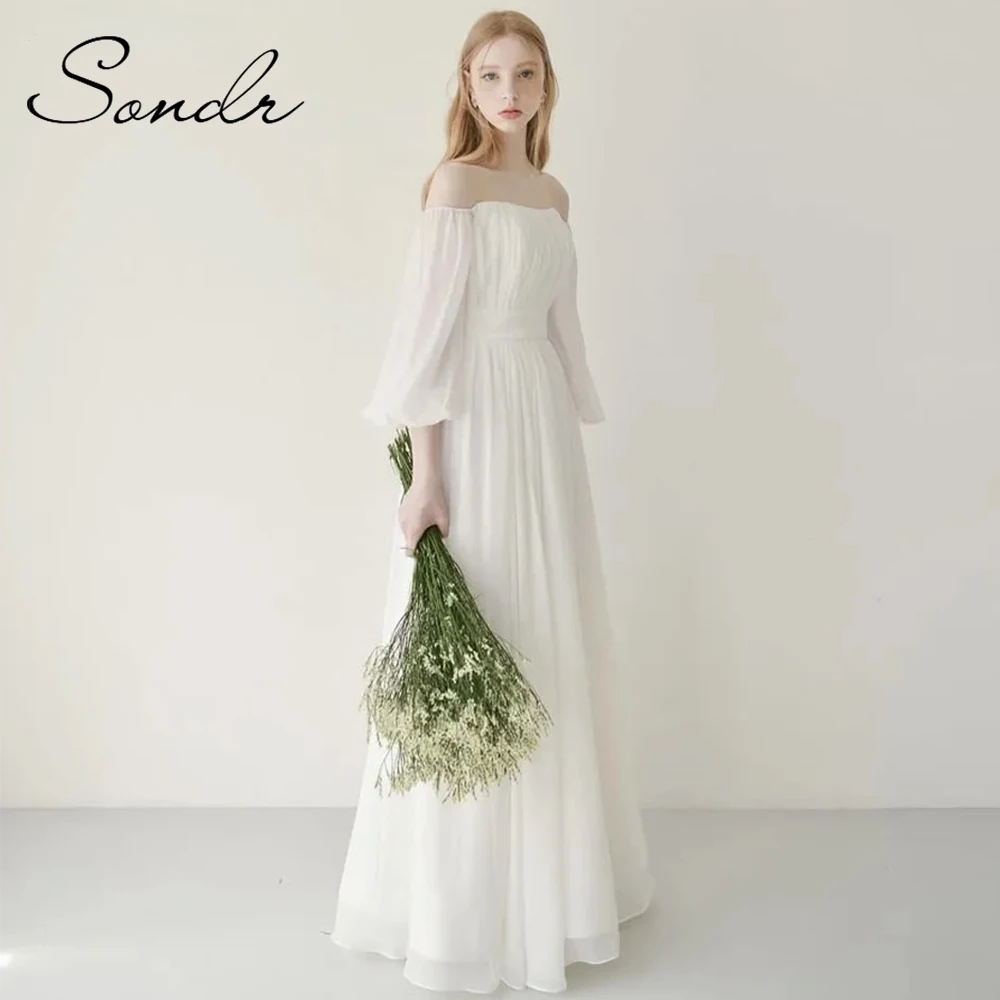 Zomer off-the-shoulder chiffon Koreaanse trouwjurken op maat gemaakte A-lijn pofmouwen bruiloft drukknoopjurk voor huwelijksreis