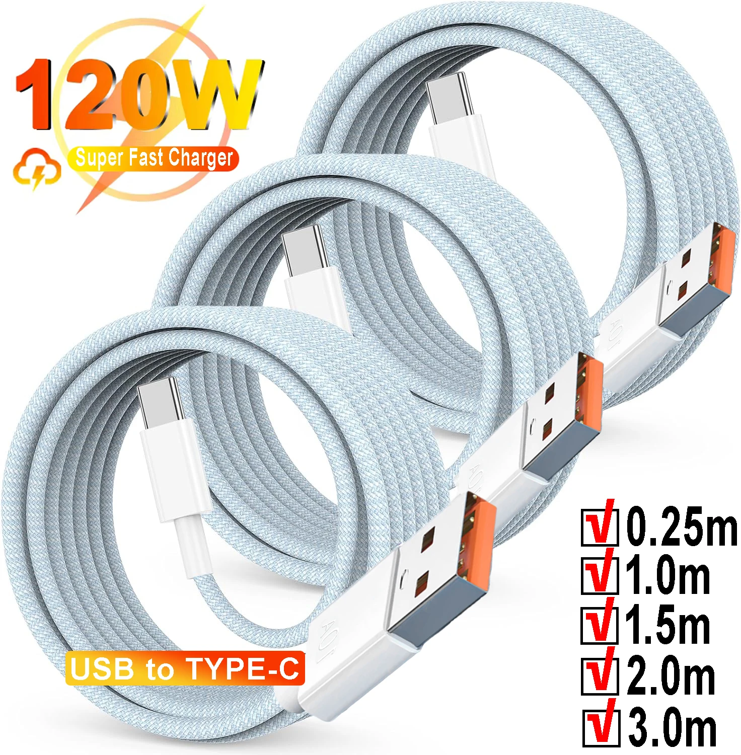 120W USB C Phone Fast Charging Cable USB A To Type C Nylon Braided Cord for Apple Carplay IPhone 16 Xiaomi Huawei Laptop Charger