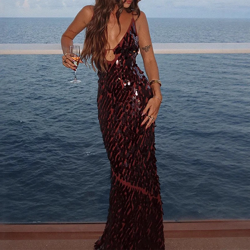 Senhora sexy sem mangas suspender vestido de cintura alta corte baixo cor sólida praia vestido longo verão cocktail festa fino ajuste vestido de lantejoulas