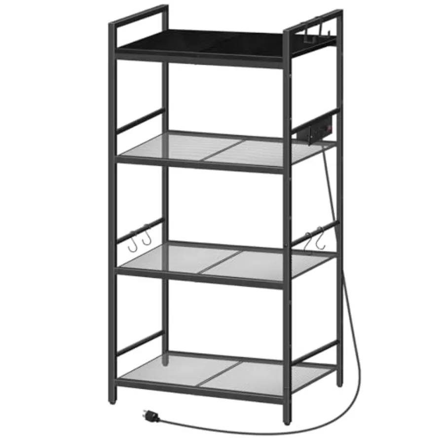 

Bakers Rack with Power Outlet Microwave Stand with Hooks Multifunctional Storage Rack Coffee Bar with Enclosure Kitchen Storage