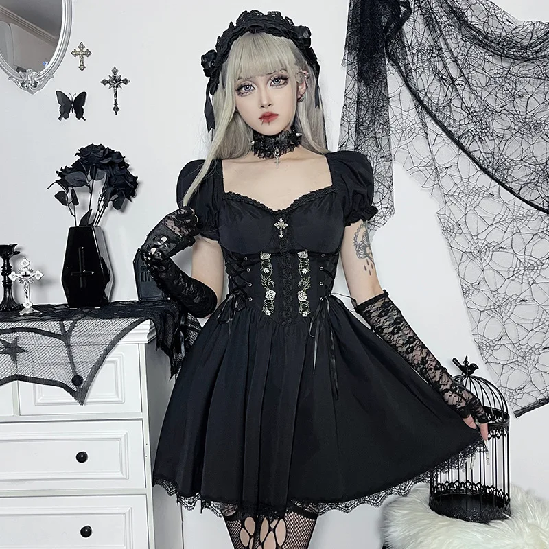 Robe Gothique Rétro Décontractée en Dentelle pour Fille, Tenue de Rue Japonaise, Style Lolita, Rose, Loli, Fibres, Été