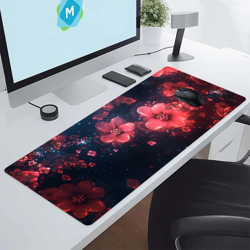 Red Floral Cosmic Desk Mat Extra Large Non-Slip Rubber Gaming Mouse Pad for Office PC