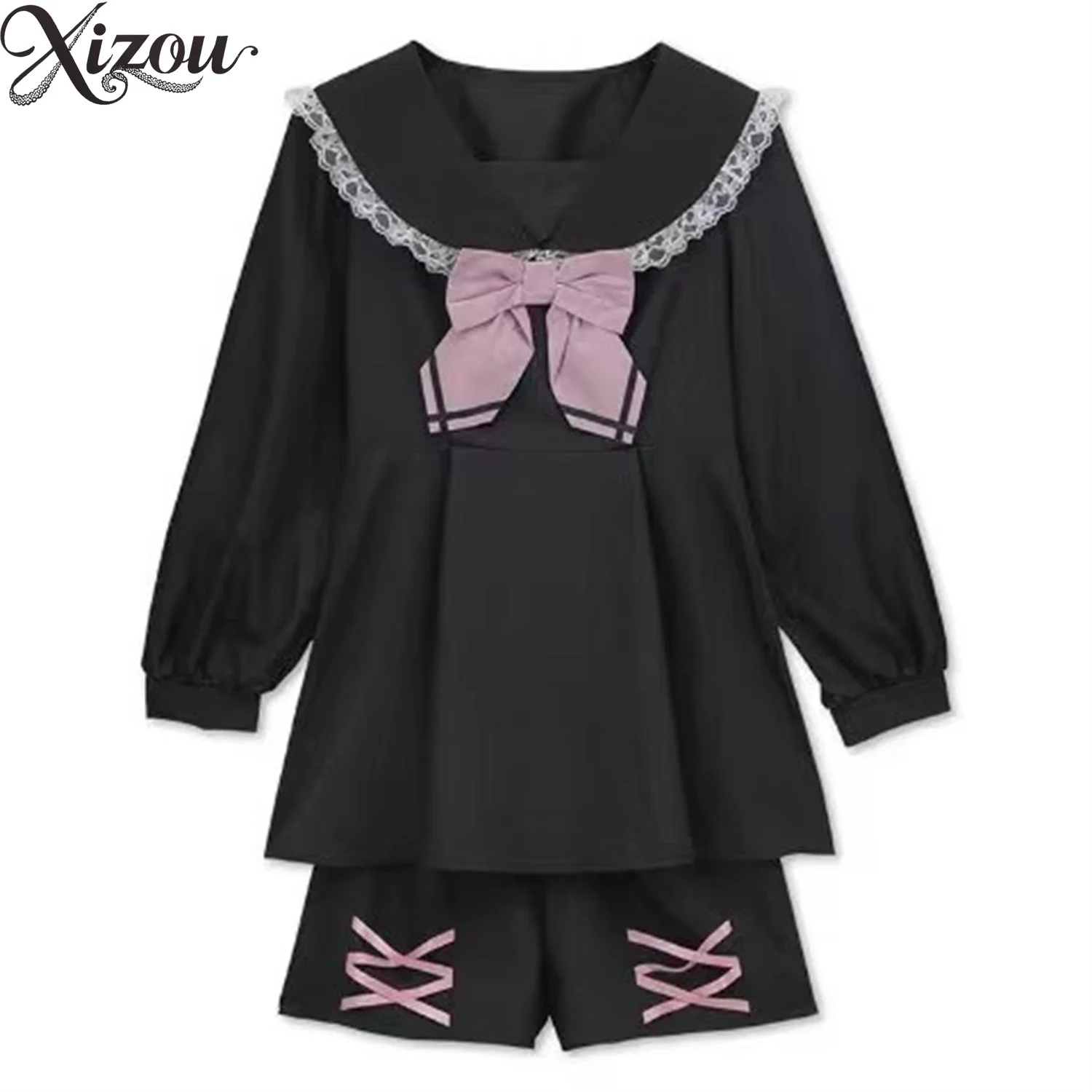 Japanische süße Lolita Matrosenkragen Spitzenbesatz Schleife Kleid Shorts Set Langarm Kawaii Frauen zweiteilige Outfits Y2k JK Anzug