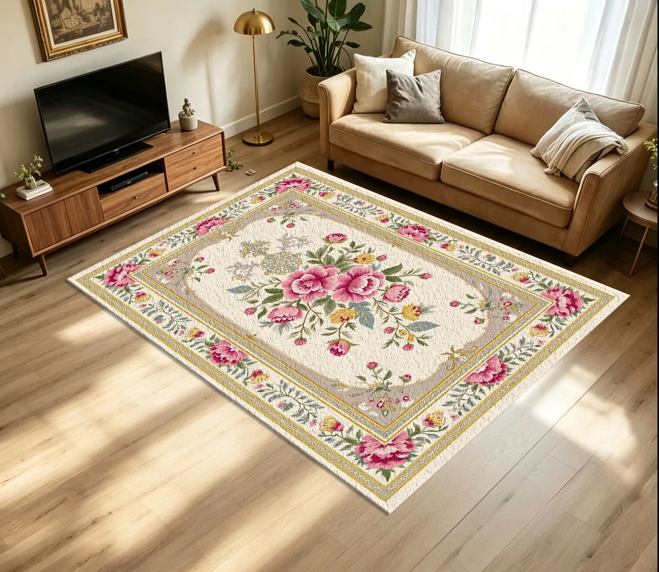 European Vintage Peony Floral Carpet Flooring Luxurious Ornate Multi‑Layer Border Pink Rose Flower Art Pattern Printed Floor Rug for Household Indoor Classic Living Room Decor