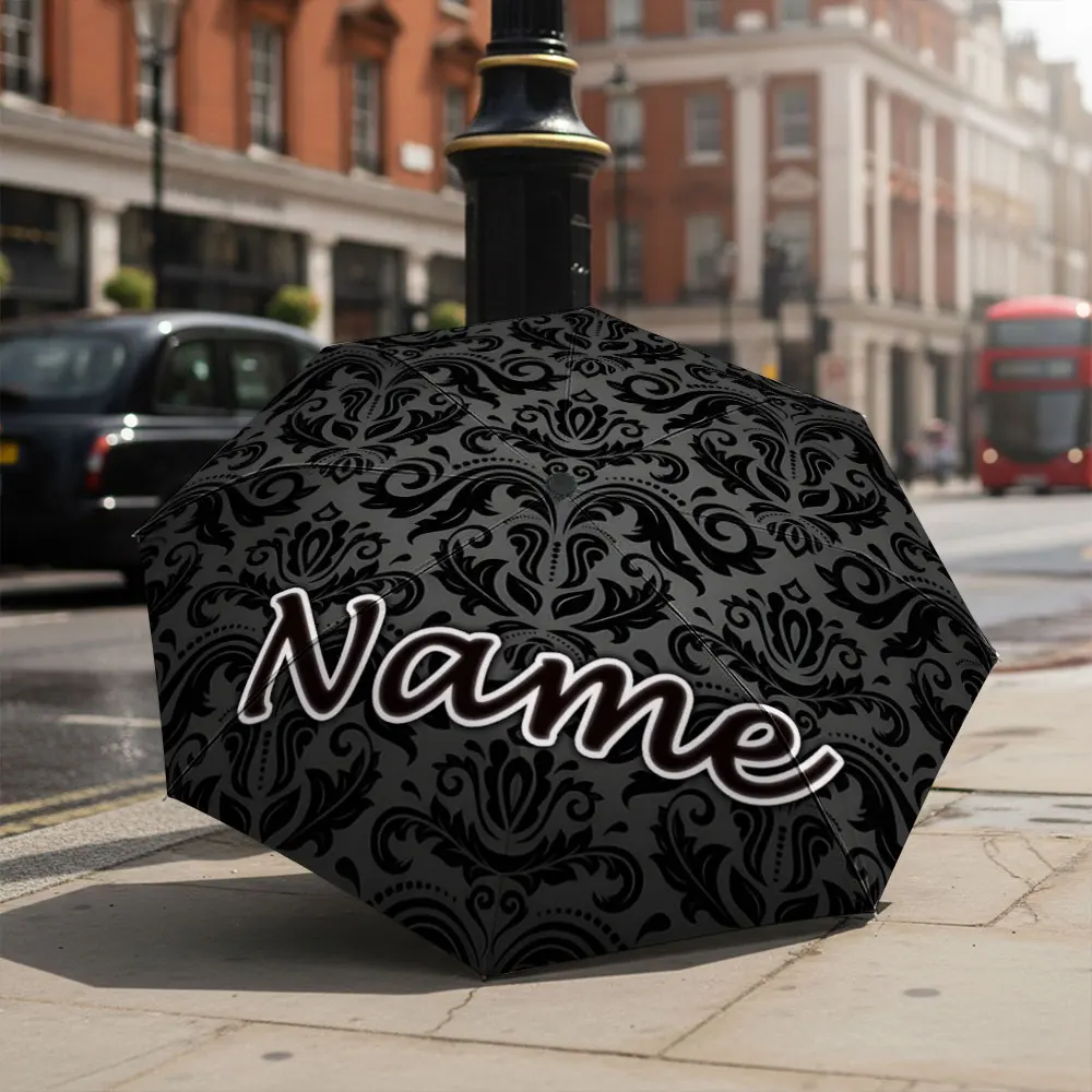 Custom Name Umbrella Black Damask Vintage Ornament Print Folding Umbrella Portable Travel Parasol For Classic Dark Decor