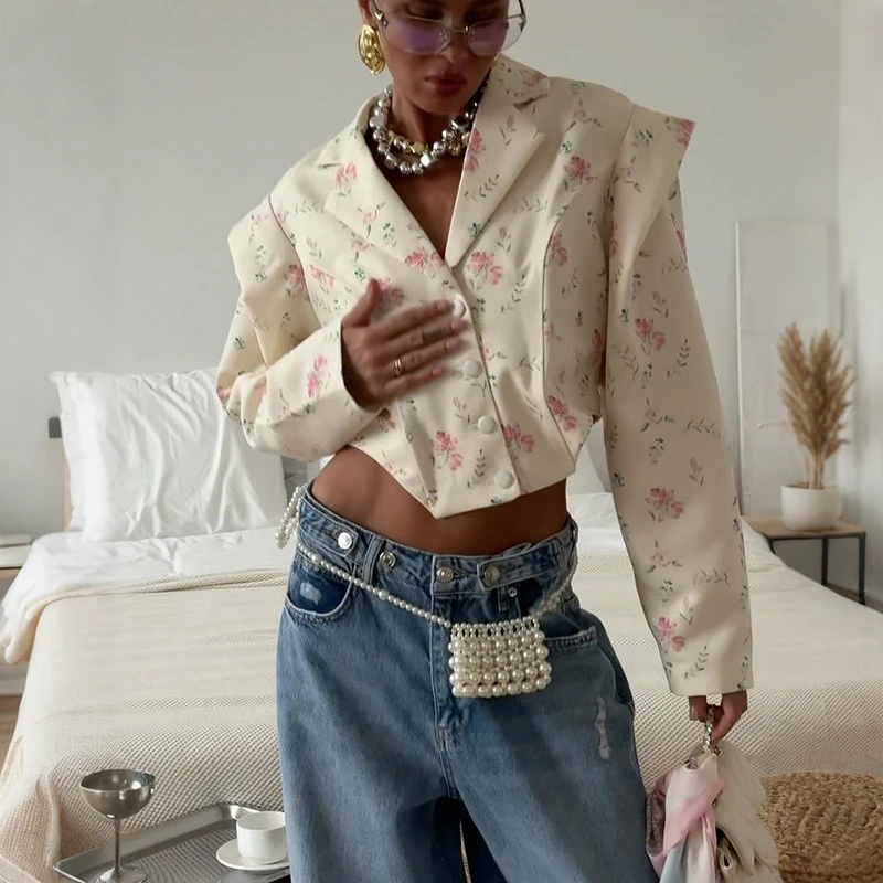 TARUXY Fashion Print Waist-Baring Coat Women's Loose Casual Sexy Suit Collar Single-Breasted Multi-Button Coat Autumn Clothing