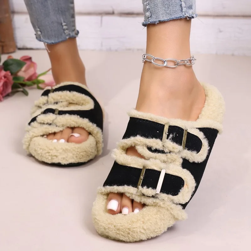 205 جديد أنيق ومريح الرجعية المرأة نِعال من الفراء داخلي ملابس خارجية الخريف الشتاء المضادة للانزلاق نعال من القطن