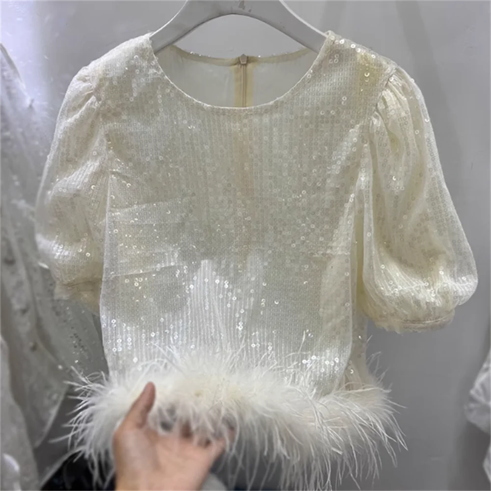 Summer new round collar beaded feather decorated short-sleeved shirt Sequins fashion women top