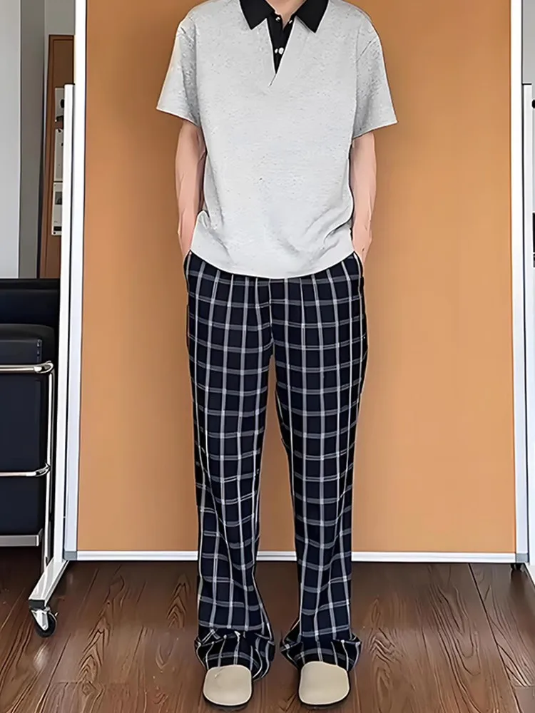 

Темно-синие мужские летние тонкие прямые широкие брюки в американском стиле ретро в клетку, повседневные длинные брюки с микро-клеш Cleanfit