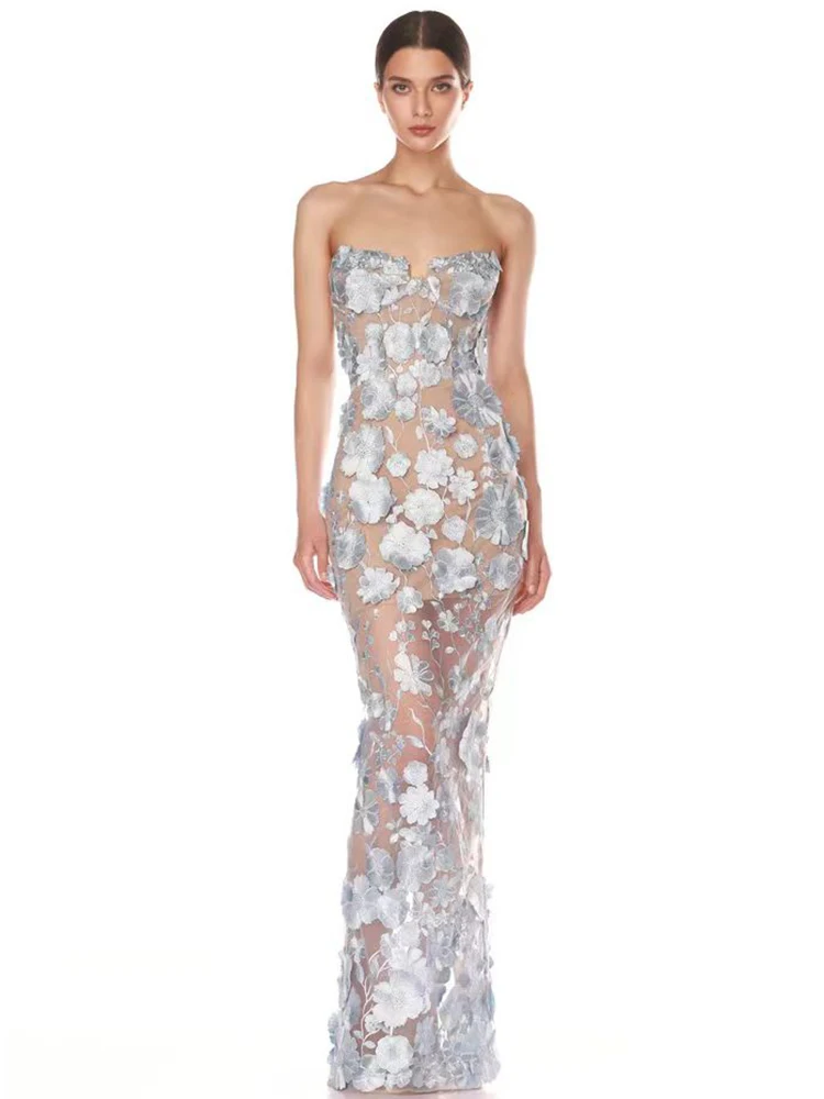 VC Sexy Strapless Embroidery Flower Long Dress Women Sleeveless Structured Floral Slim Elegant Party Cocktail Evening Gowns