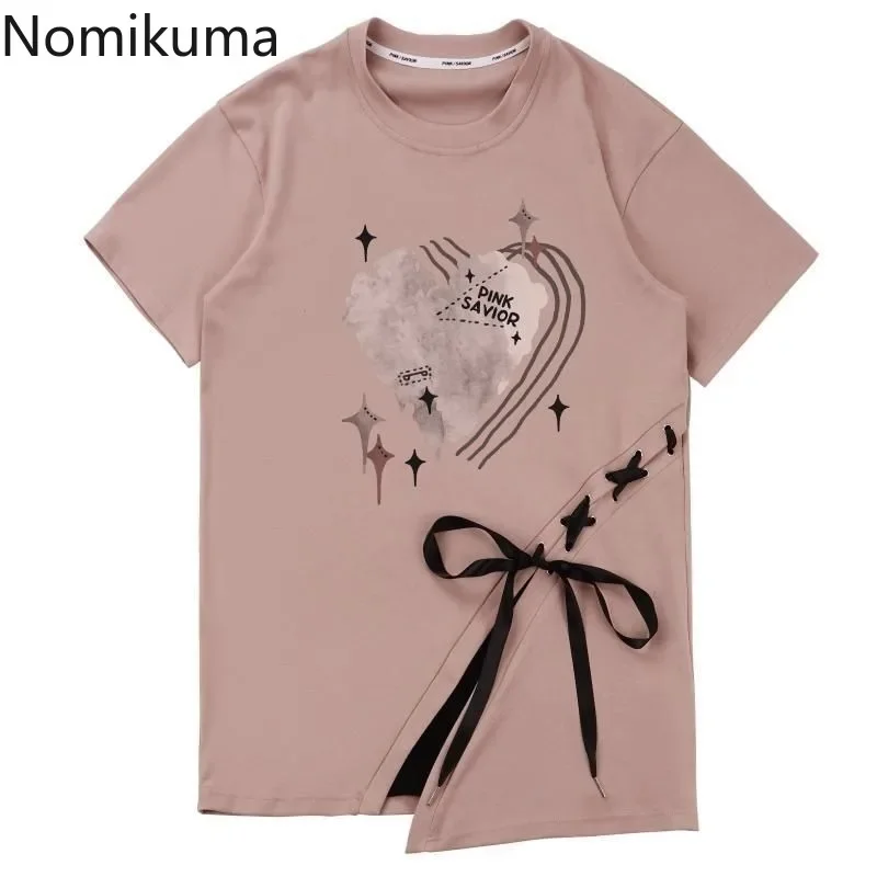 Japanese Woman Tshirts 2023 Ropa Mujer Patchwork Print Bandage Y2k T Shirts Fashion Summer Tees Oversized Tops Sweet T-shirts