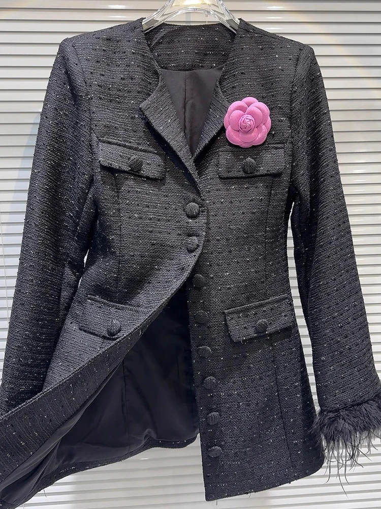 TWOTWINSTYLE Elegant Spliced Brooch Coats For Women Lapel Long Sleeve Patchwork Single Breasted Temperament Coat Female Fashion