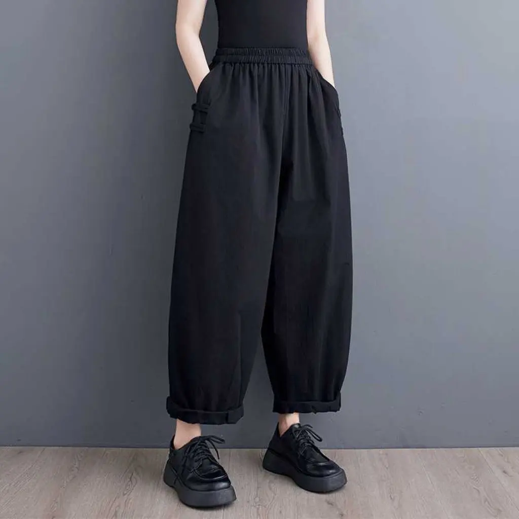 

Retro plus Size Loose Black Trousers Autumn Chinese Buckle Style for Chubby Girls