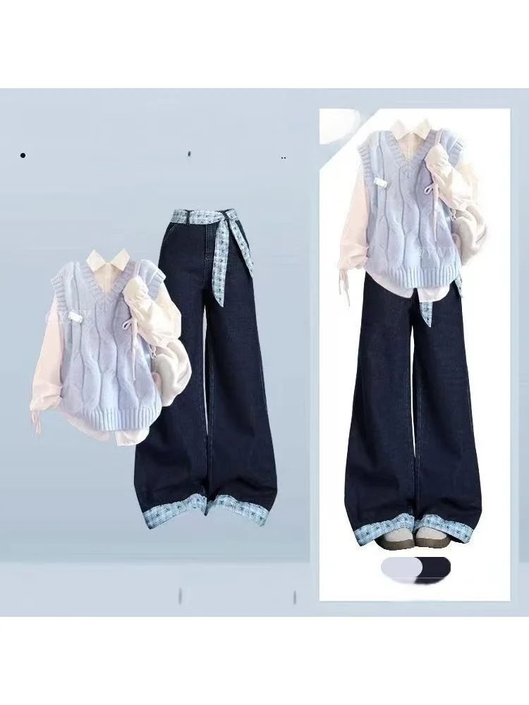 

Blue Knitted Vest Set Women's Faion College Sle Small Size Autumn New Arrival Two Piece Suit Korean Trend Long Sve Pol...