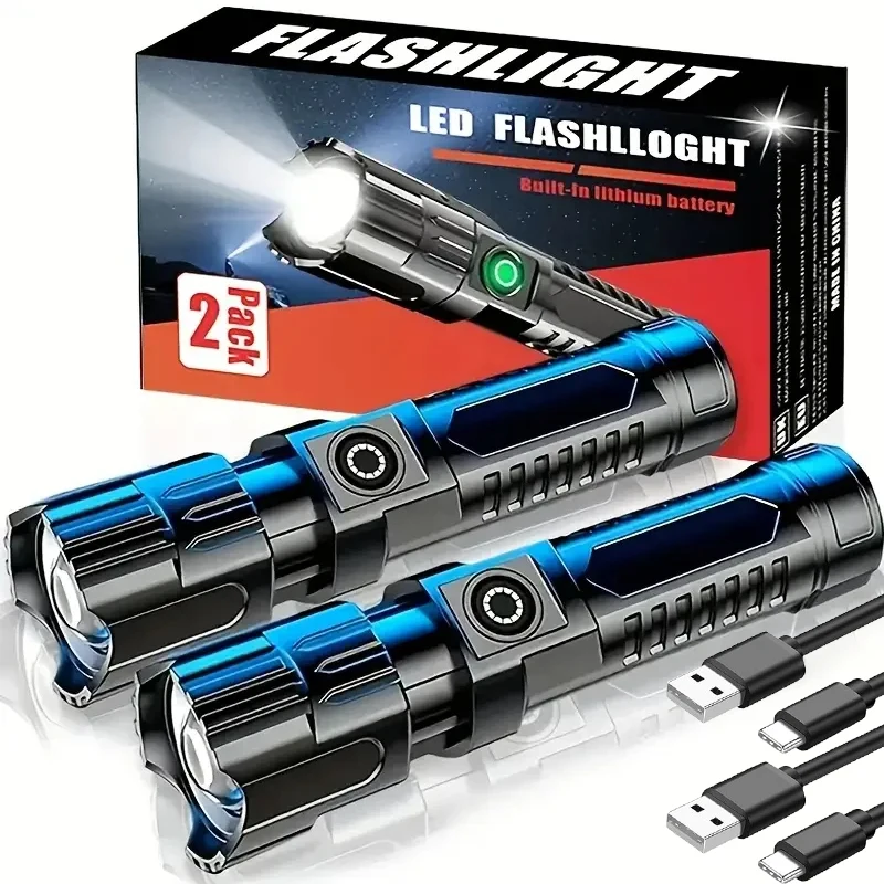 Powerful LED Flashlight USB C Rechargeable Zoomable Searchlight 3 Modes Handheld Flashlight for Outdoor Camping Hunting Torch