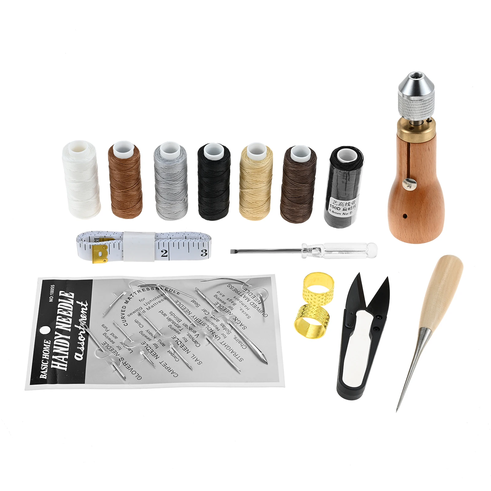 Portable Leather Sewing Awl Thread Kit with Straight Bent Needles Waxed Threads Screwdriver Scissor Thimbles Tape Measure