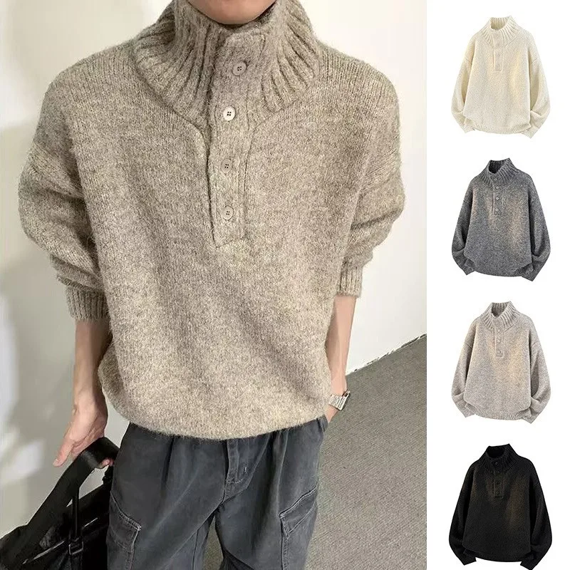 

Loose Henry Collar Knitted Sweater Men's Autumn Winter Warm Outerwear Vintage Sle Casual Faion Non-deformable
