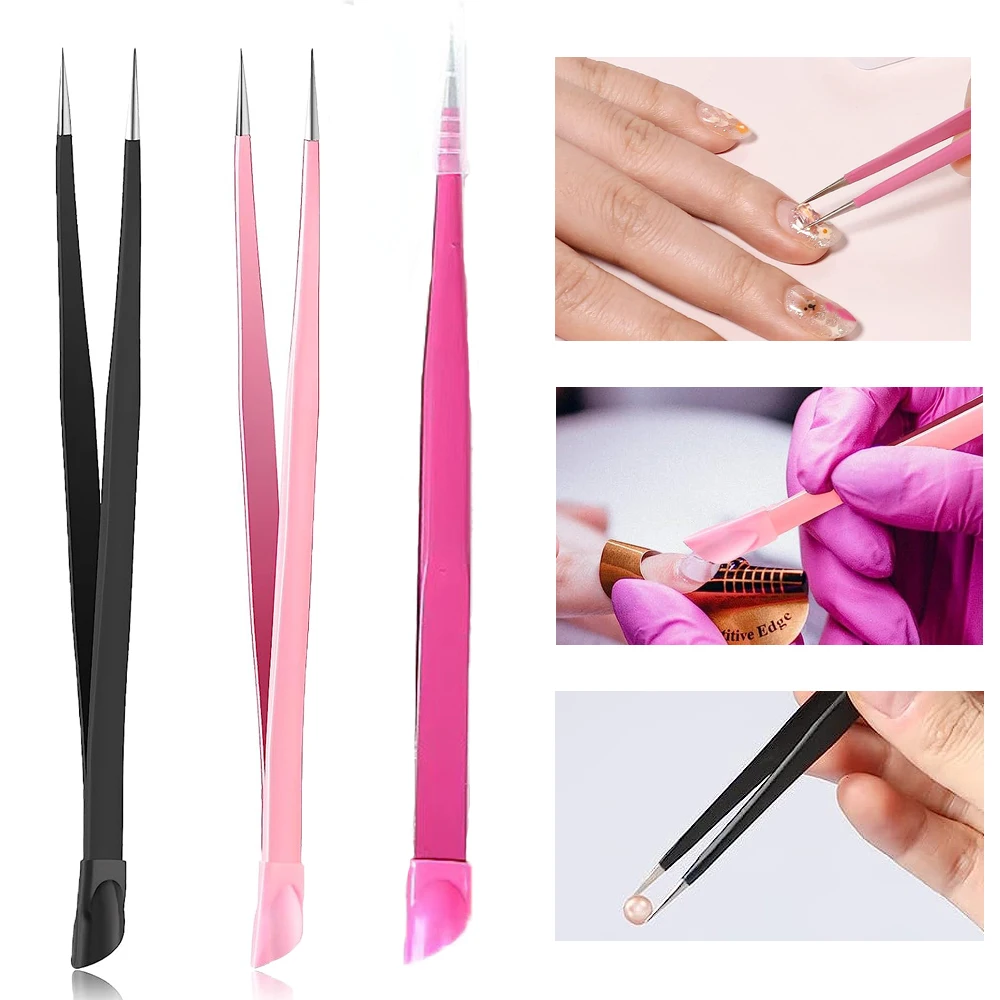 

Metal Straight Tip Nail Tweezers Pick Nipper Clipper Precision Tweezers Rhinestone Pickers Silicone Pressing Head for Nail Art