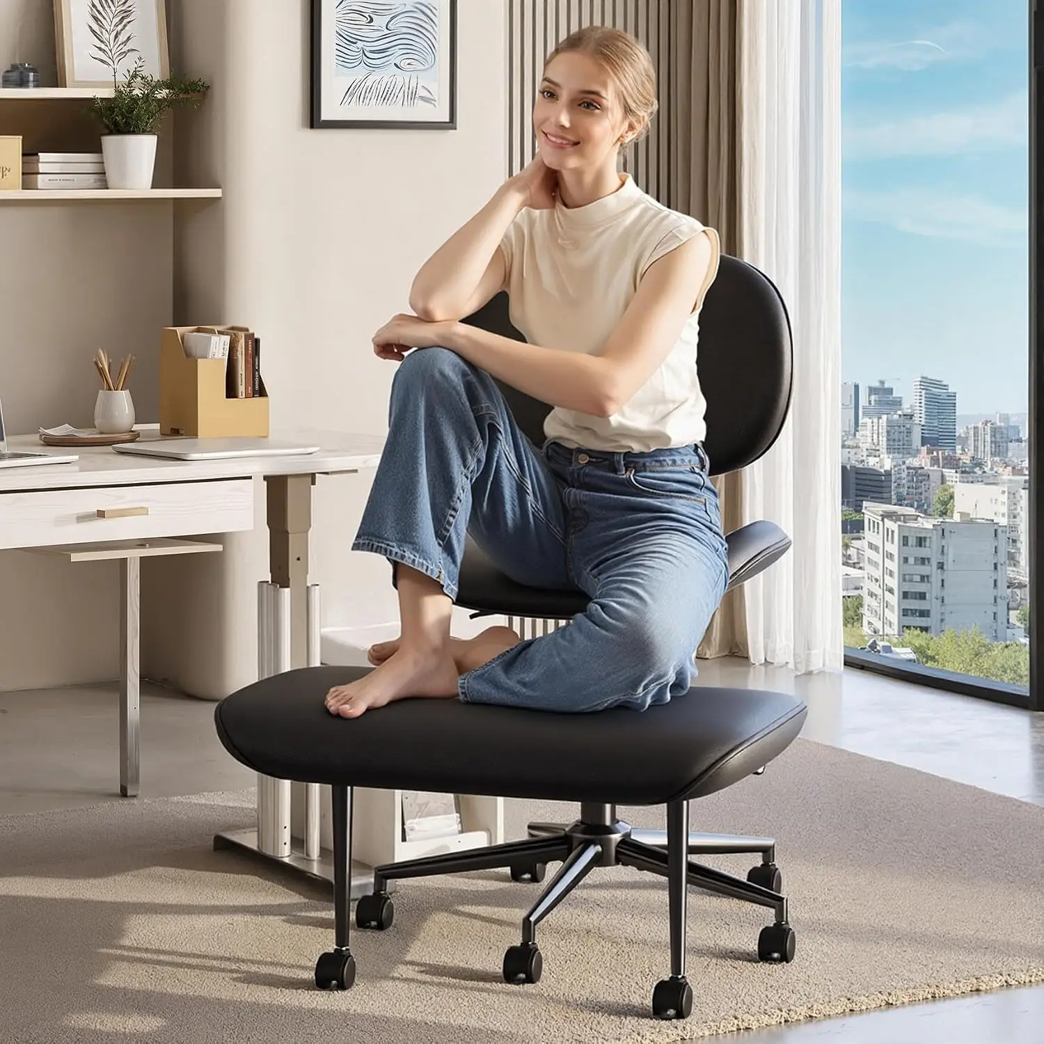 Upgraded Cross Legged Office Chair with Wheels, ADHD Chair for Adults, Wider Height Adjustable Backrest and Seat, Meditation Chair, Ergonomic & Yoga Office Chair, PU Leather, Black