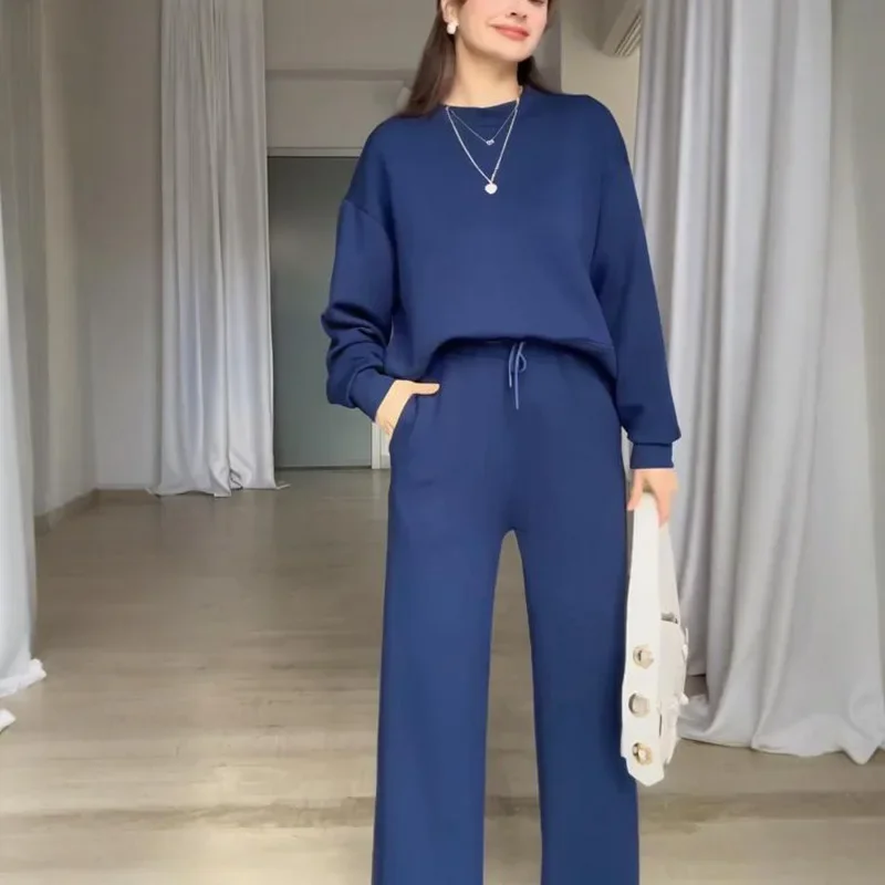 

Women Autumn Winter Pants Sets Trouser Set Solid Color Long Sleeve Lace-up Wide-leg Pants Casual Fashion Comfortable Regular Fit