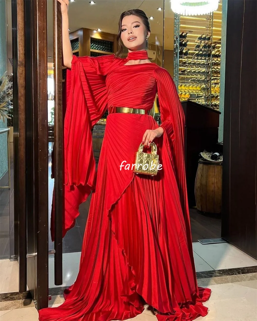 Customized Fashion Classic Jersey Pleat Draped Ruched A-line High Collar Long Dresses Bespoke Occasion Dresses Modern Style