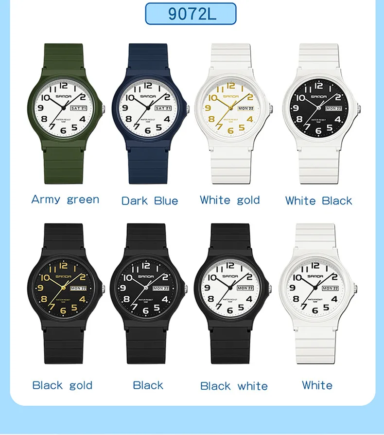 SANDA 9072 Personalized Casual Simple Waterproof Night Light Date Silicone Strap Youth Quartz Watch Men's and Women's Gifts