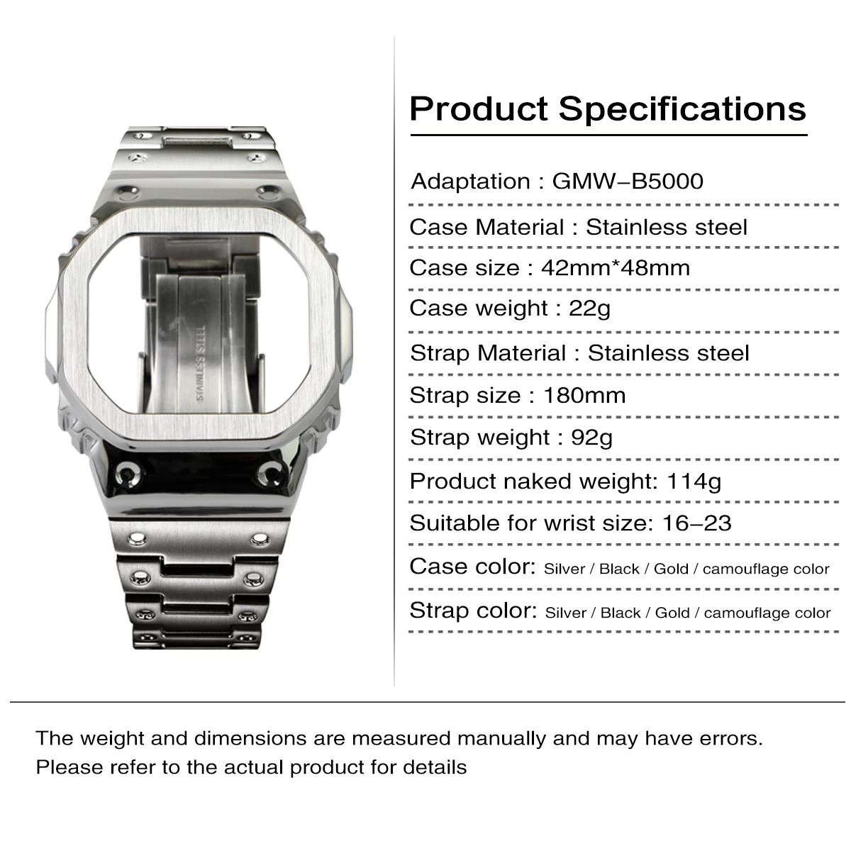GMWB5000 Mod Kit Stainless Steel Watch Case Quick Release Solid Metal Bracelet Compatible with GMW-B5000 Watch Part Replacement