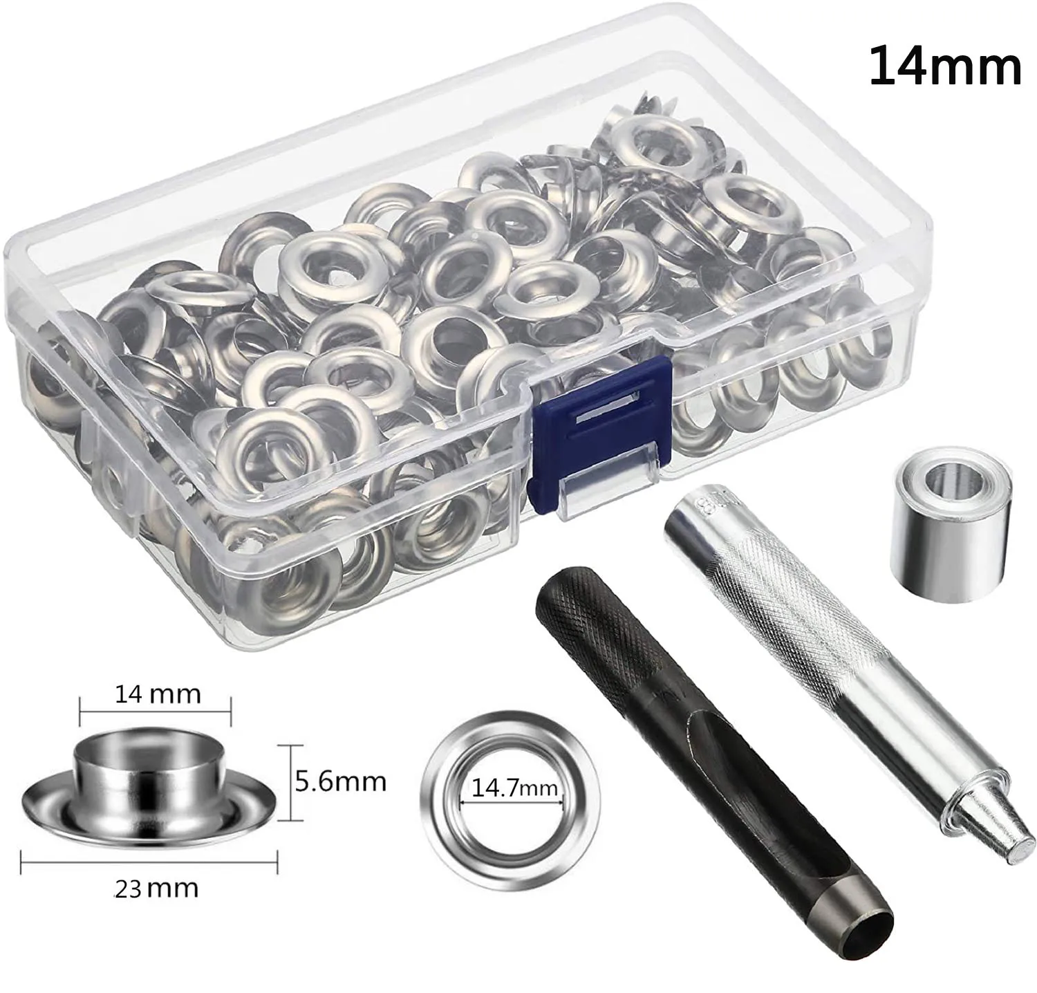 Tülle Werkzeug Kit 100 Sets Ösen Ösen 6mm 10mm 12mm 14mm Innen Durchmesser Silber für Kleidung schuhe Tasche Leder Handwerk DIY
