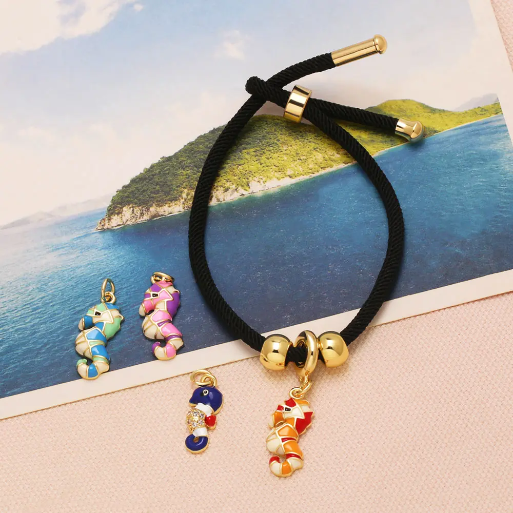 OCESRIO Colorful Enamel Seahorse CZ Pendant for Bracelet Necklace Copper Gold Plated Ocean Animal Jewelry Component chma700