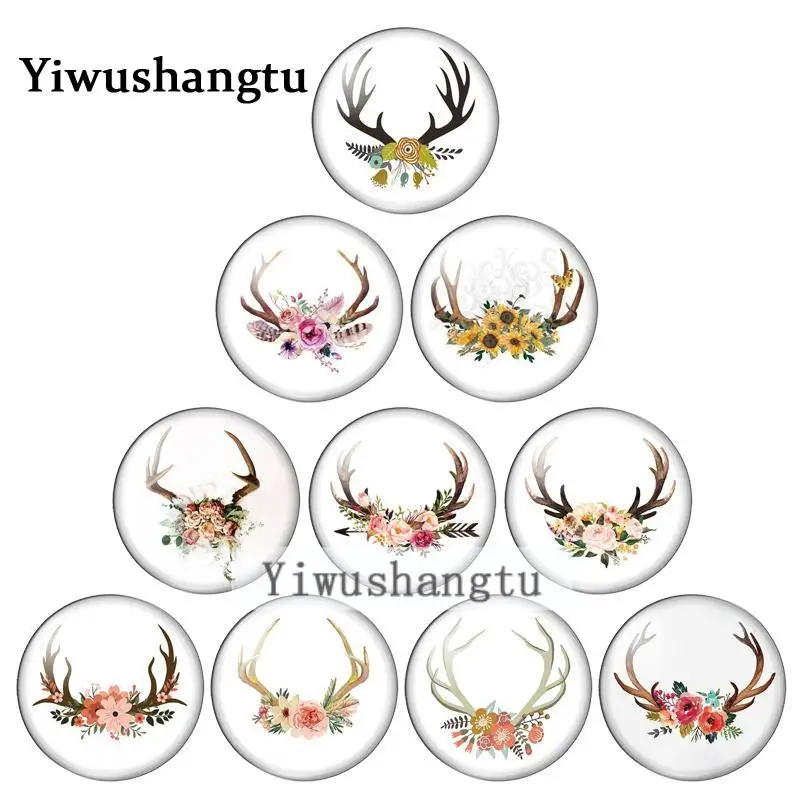 Hot sale flower deer antler  8mm/10mm/12mm/18mm/20mm/25mm Round photo glass cabochon demo flat back Making findings ZB0543