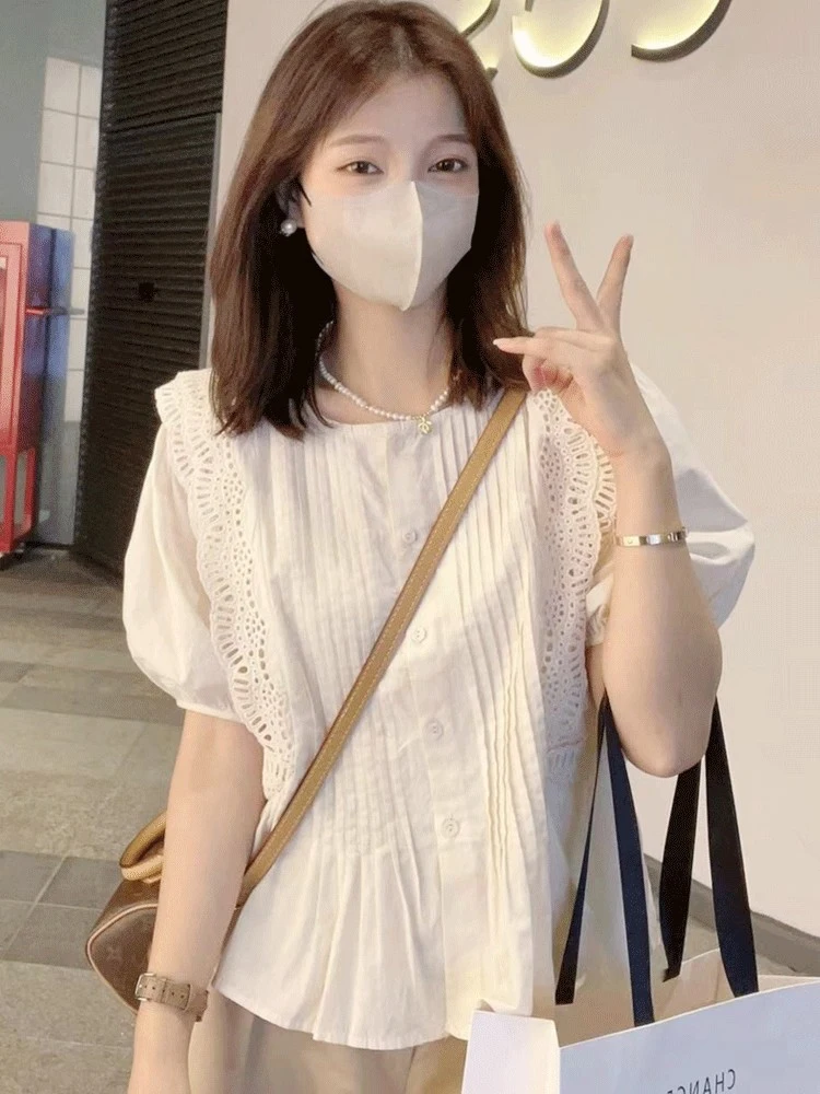

Women's Chiffon Bubble Sleeve Short Shirt Summer New Style Cover Belly Doll Top Korean Loose Fit Button Detail Gathered Hollo...