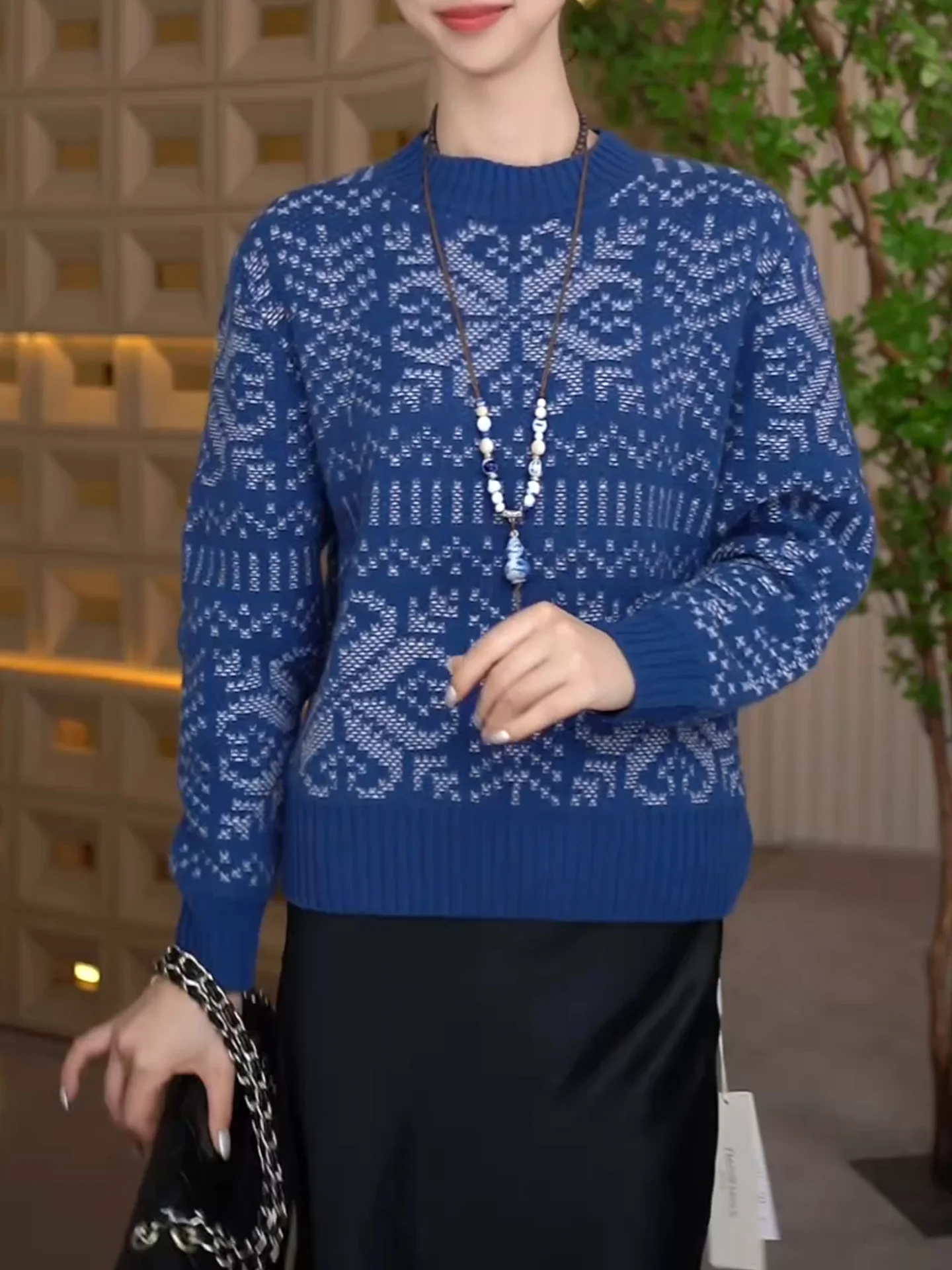 

Blue Knitted Sweater Women's Overhead Sle Chinese Retro Design Large Size round Ne Knitwear Warm Thermal Long Sve Ca...