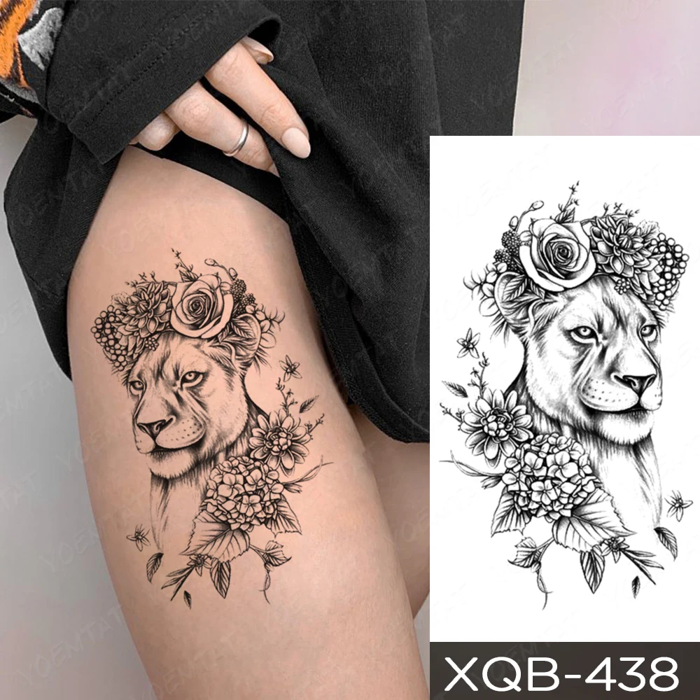 Waterproof Temporary Tattoo Stickers Fox Lion Tiger Wolf Peony Rose Flowers Leaf Flash Tatto Women Men Body Art Arm Fake Tattoos