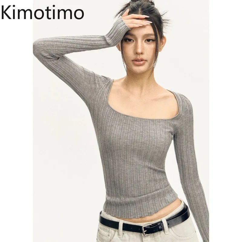 

Kimotimo American Retro Solid Knitted Crop Top Women 2025 Autumn Long Sleeve Botttom Pullover Simple Y2k Spicy Girl Thin Sweater