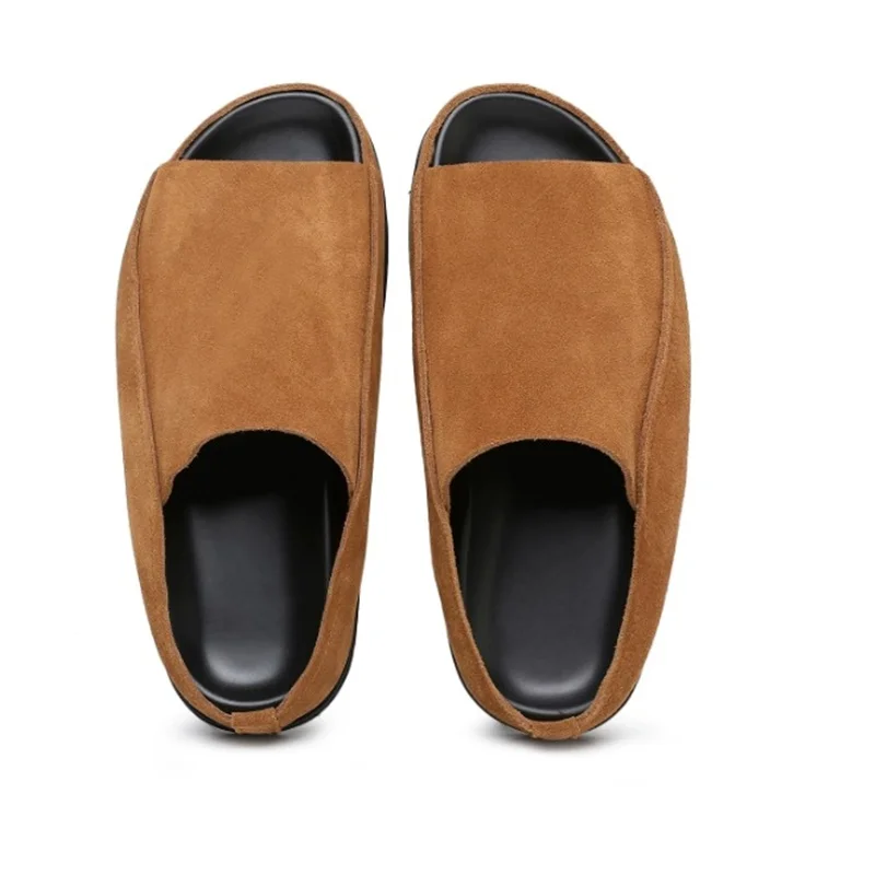 Fashion Open-toe Cowhide Sandals Summer Retro Genuine Leather Soft Bottom Flat Sandals Men Suede Cool Slippers Casual Shoes