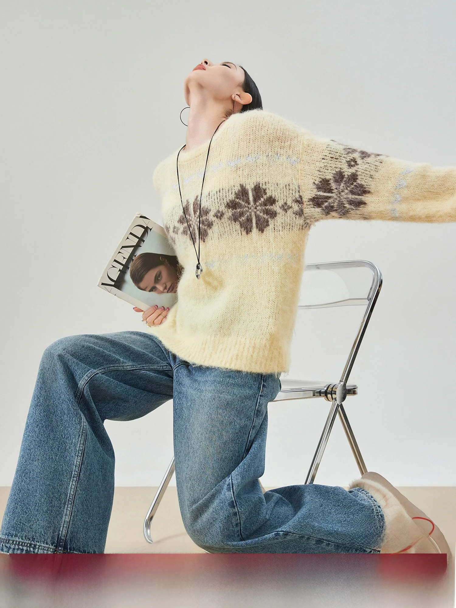 

Yellow Fair Isle Knit Long Sve round Ne Pullover Sweater Women's Winter New Sle Fluffy Aosphere Feeling Loose Fit Kn...