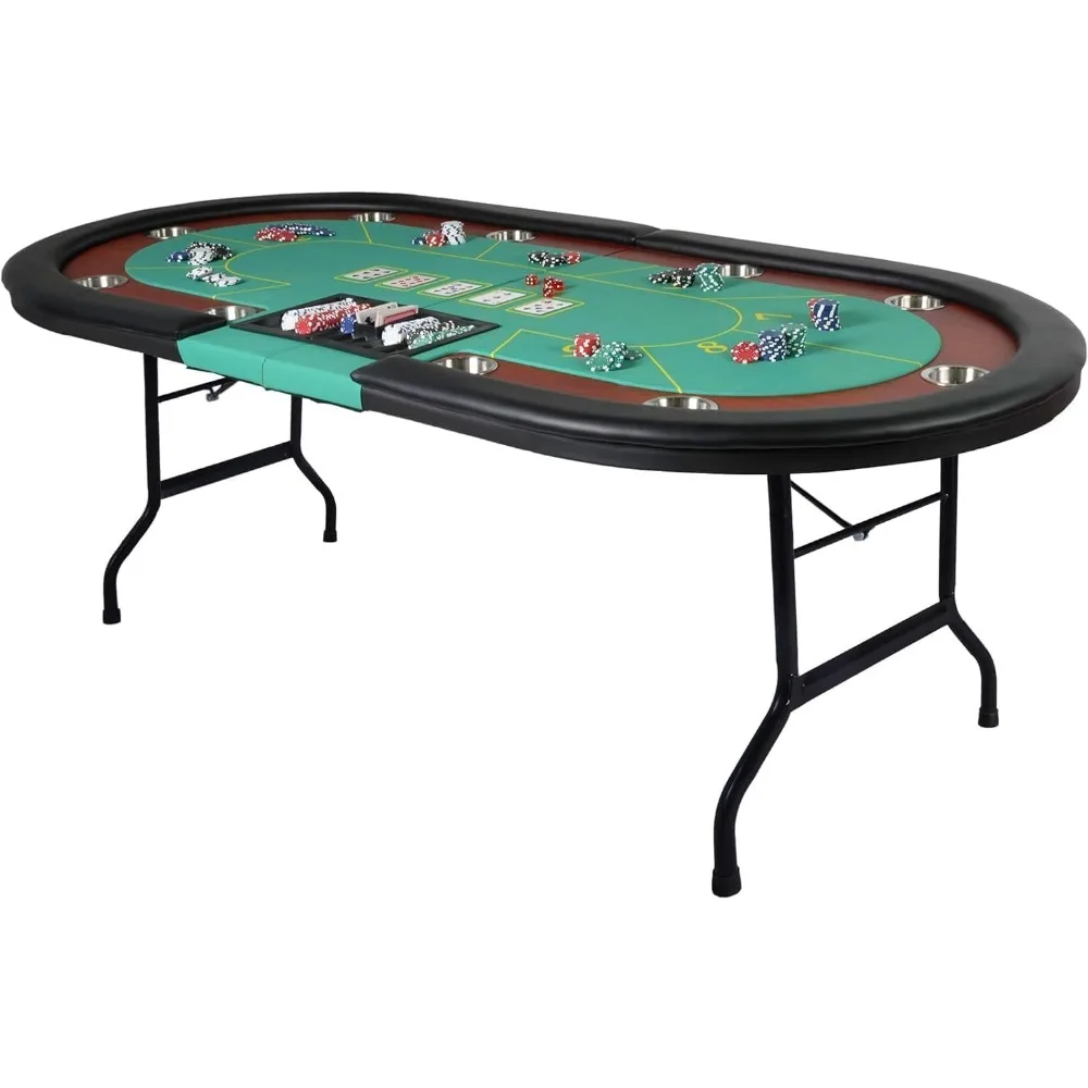 Upgrade 84 Folding Poker Table, 10 Players Oval Card Table with Stainless Steel Cup Holders and Padded Rails