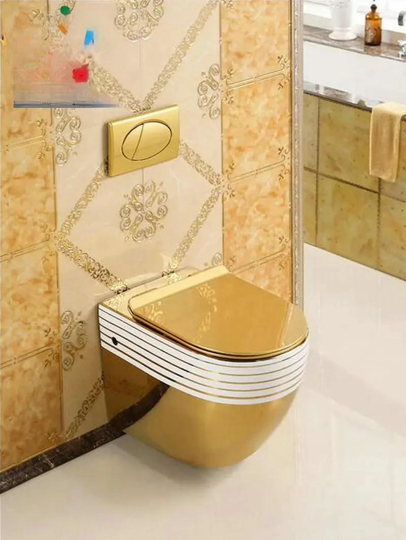 MAEBOW Golden Artistic Wall Hang Toilet Closestool WC Pan P-Trap Toilet Wash Down Toilet Gravity Flushing Wall Hang Toilet